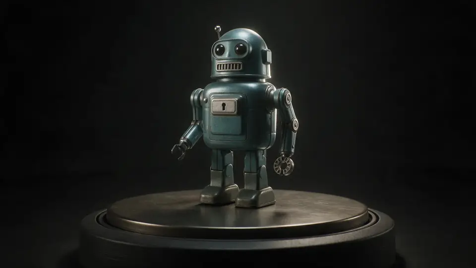 A retro toy robot model turning on a turntable