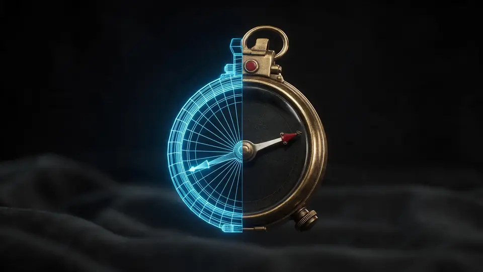 A brass compass model, half wireframe and half textured