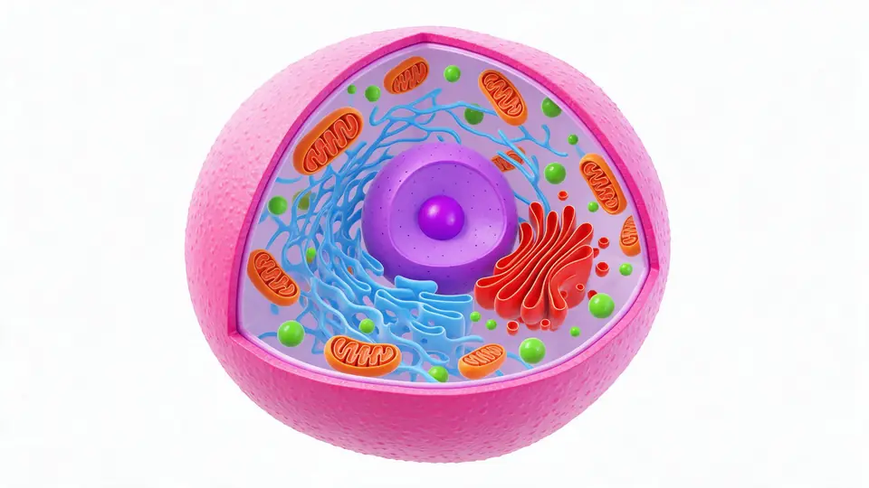 A cutaway animal cell illustration slowly turning