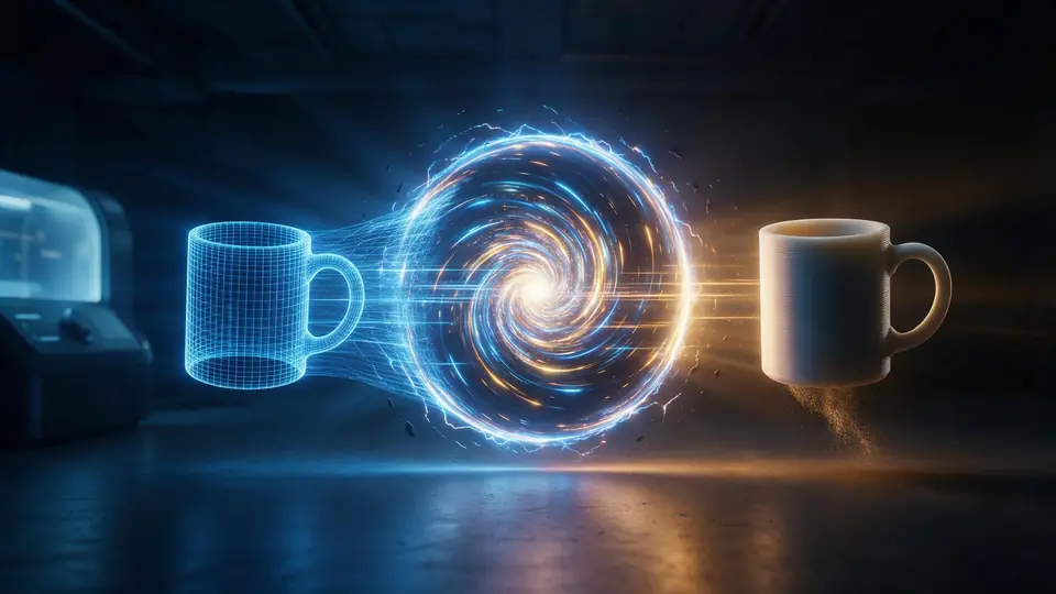 A wireframe mug turning into a solid printed mug