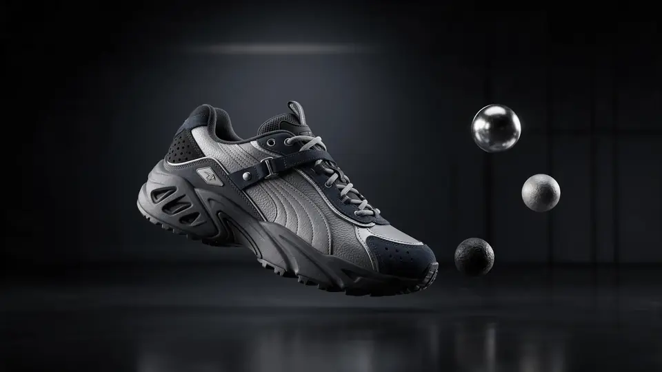 A sneaker model turning as reflections move across material spheres