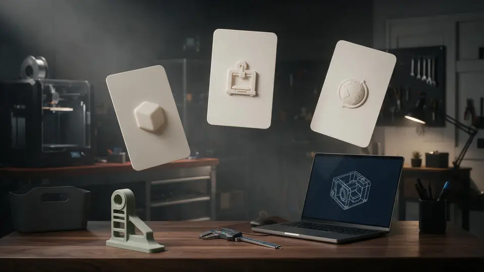 Floating 3D file cards drifting above a desk