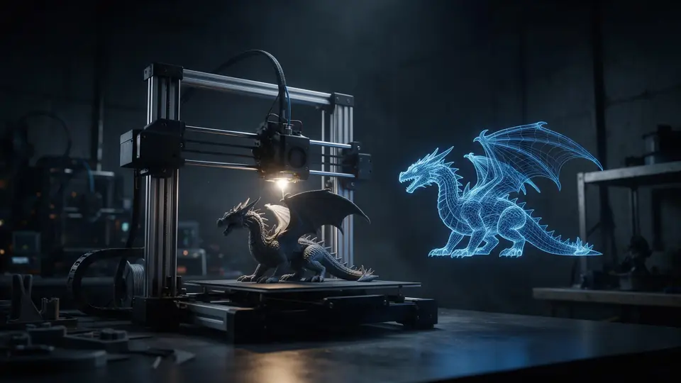 A 3D printer printing a dragon miniature