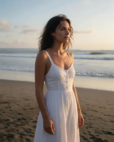 Woman in a white dress on a beach with tourists behind her