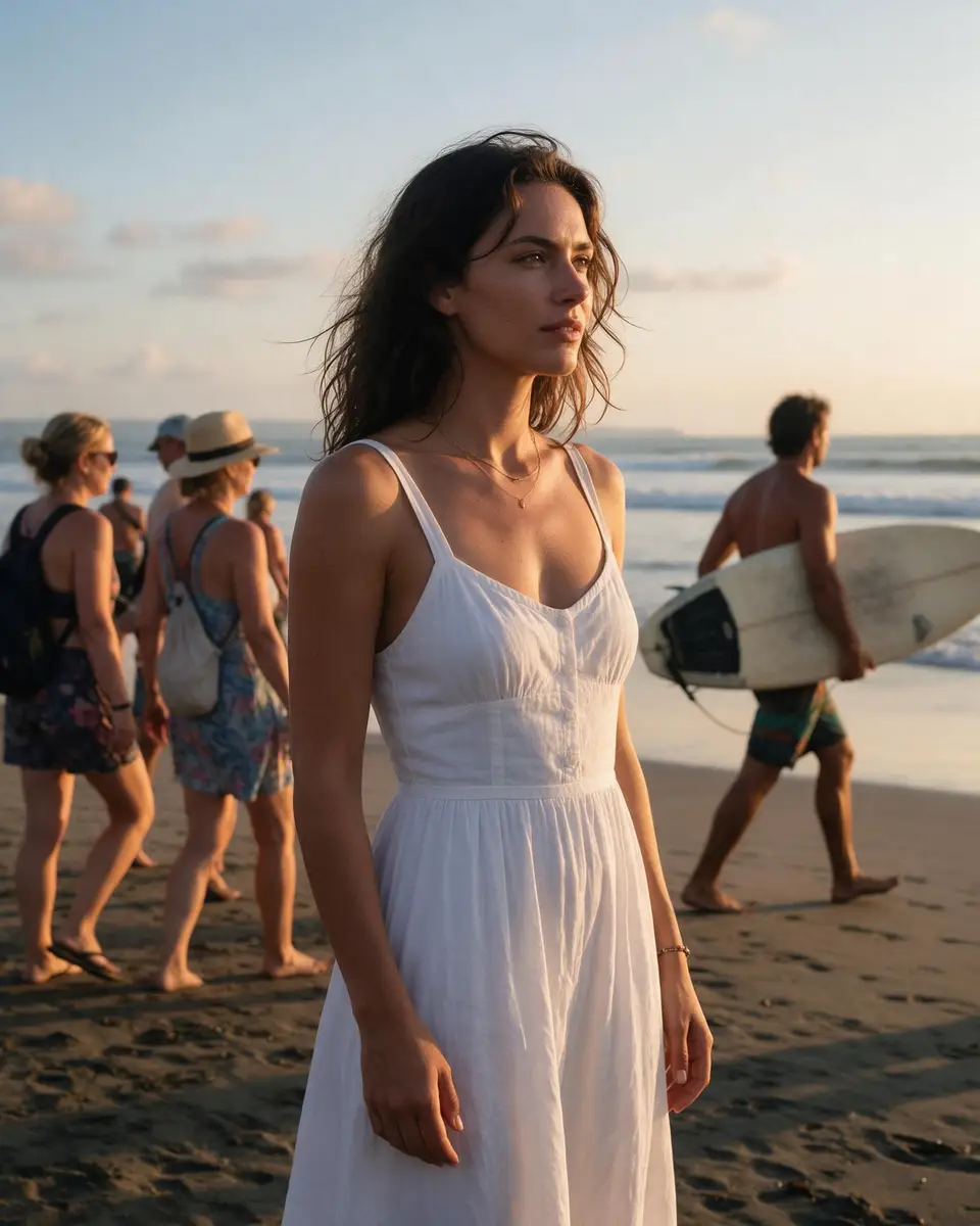 Woman in a white dress on a beach with tourists behind her — before