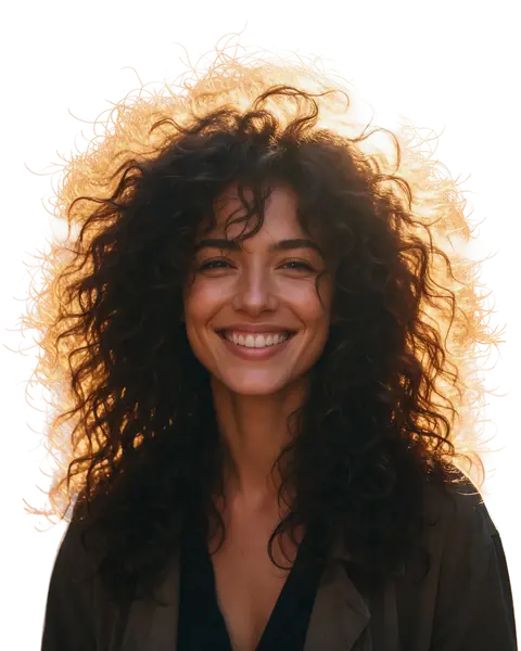 Woman with big curly backlit hair on a city street
