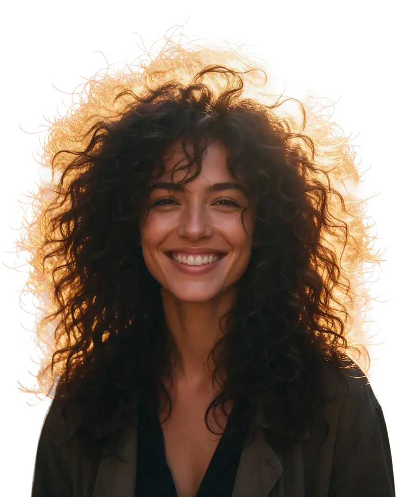 Woman with big curly backlit hair on a city street — after