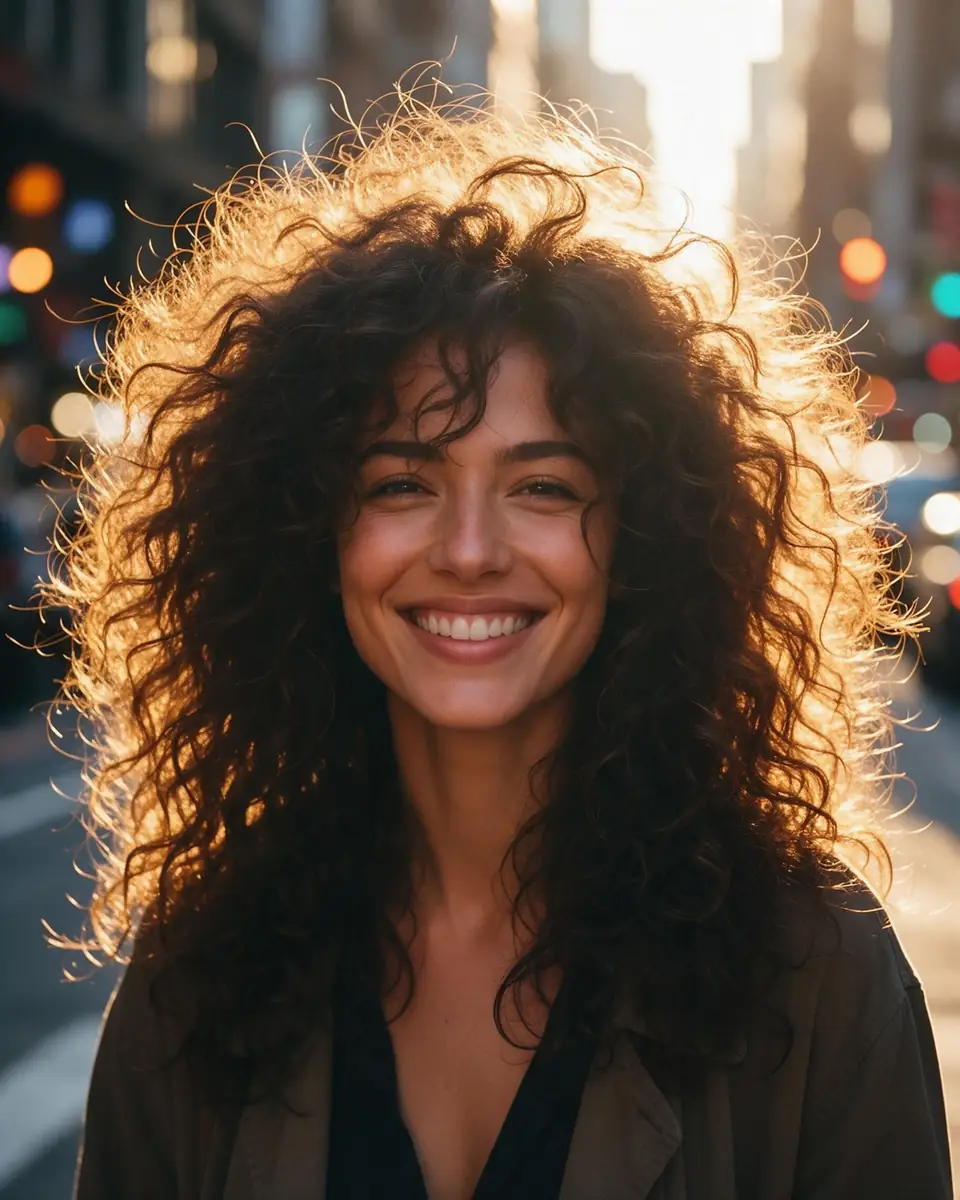 Woman with big curly backlit hair on a city street — before