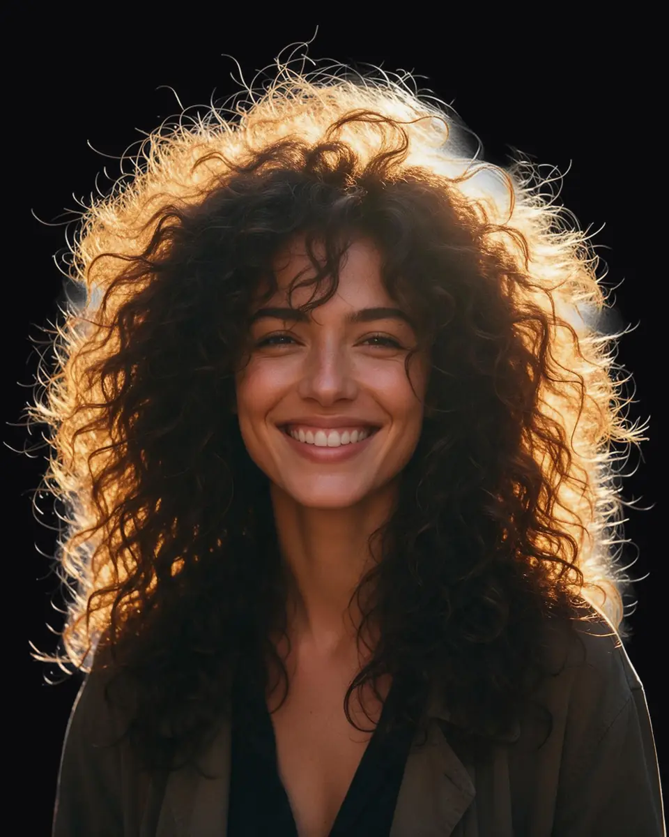 Woman with big curly backlit hair on a city street — after