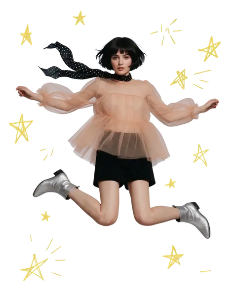 Woman jumping against a blue sky with doodle stars