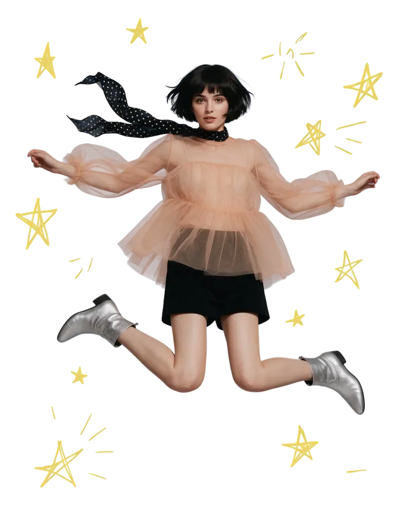 Woman jumping against a blue sky with doodle stars — after