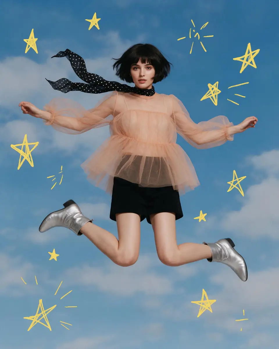 Woman jumping against a blue sky with doodle stars — before