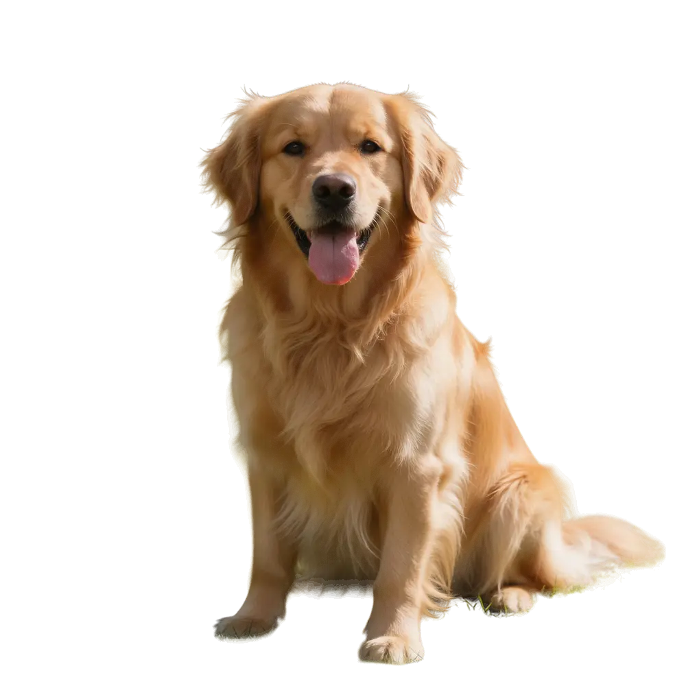 Golden retriever sitting on grass in a park — after