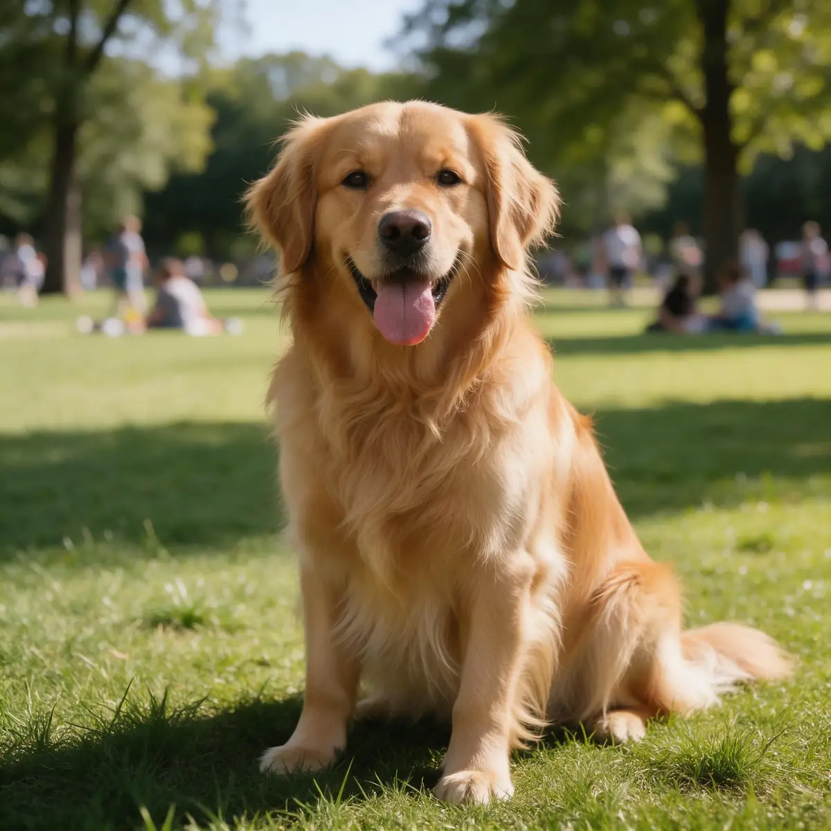 Golden retriever sitting on grass in a park — before
