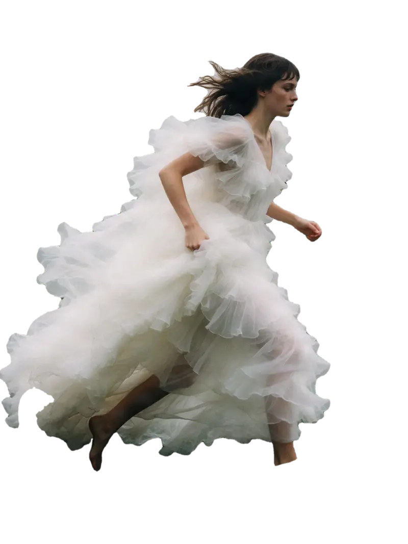 Woman in a white tulle dress in a foggy field with geese (cut out)