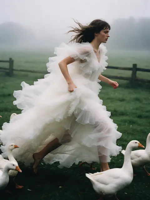 Woman in a white tulle dress in a foggy field with geese (original)