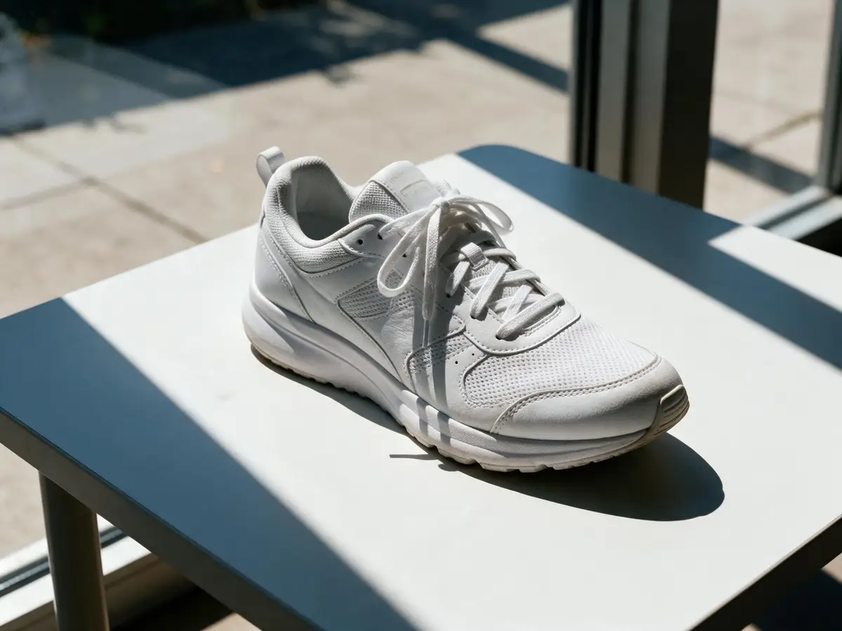White sneaker with a hard window-frame shadow across it — before