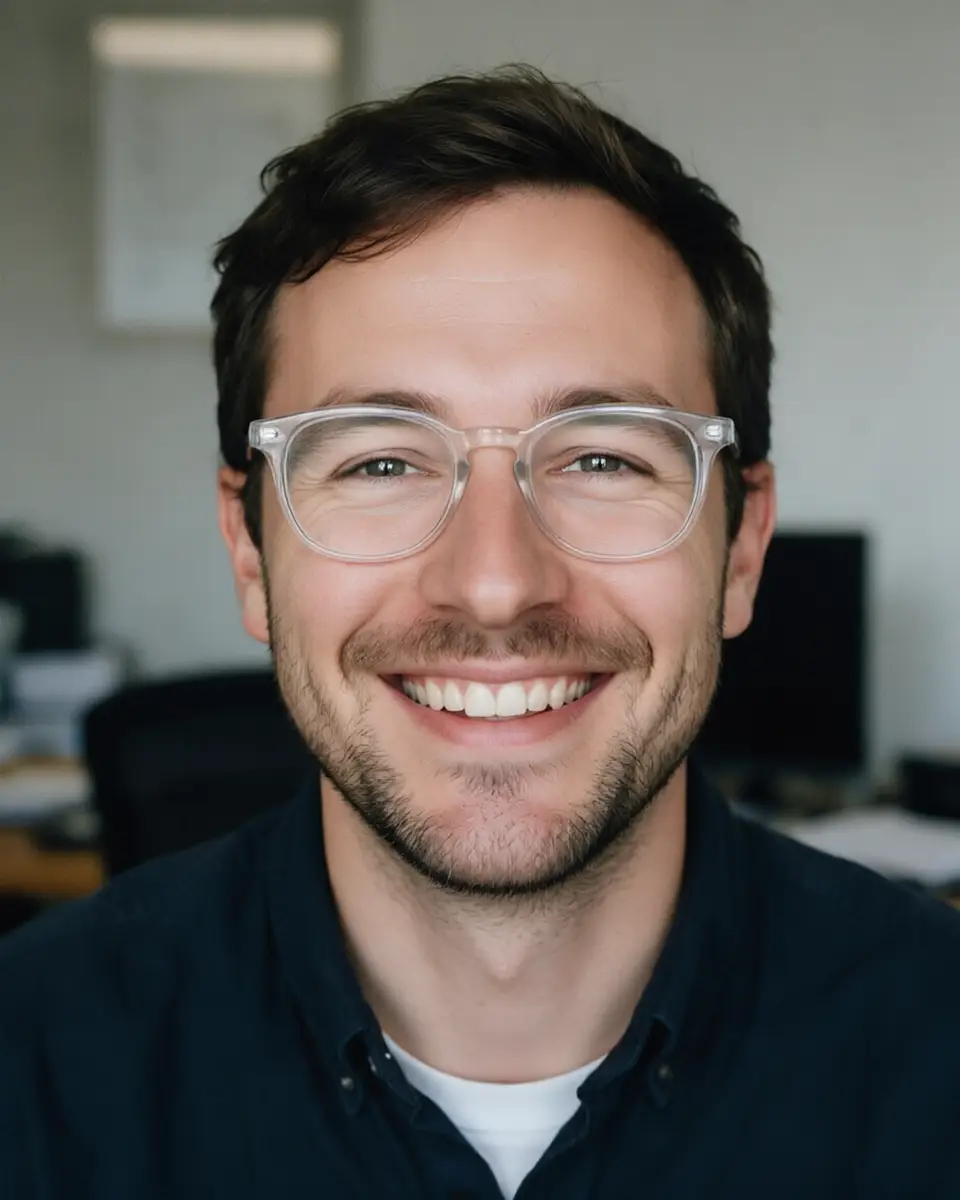 Man in eyeglasses with white glare on the lenses — after