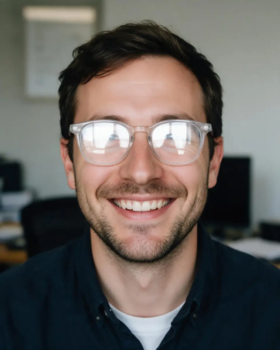 Man in eyeglasses with white glare on the lenses — before