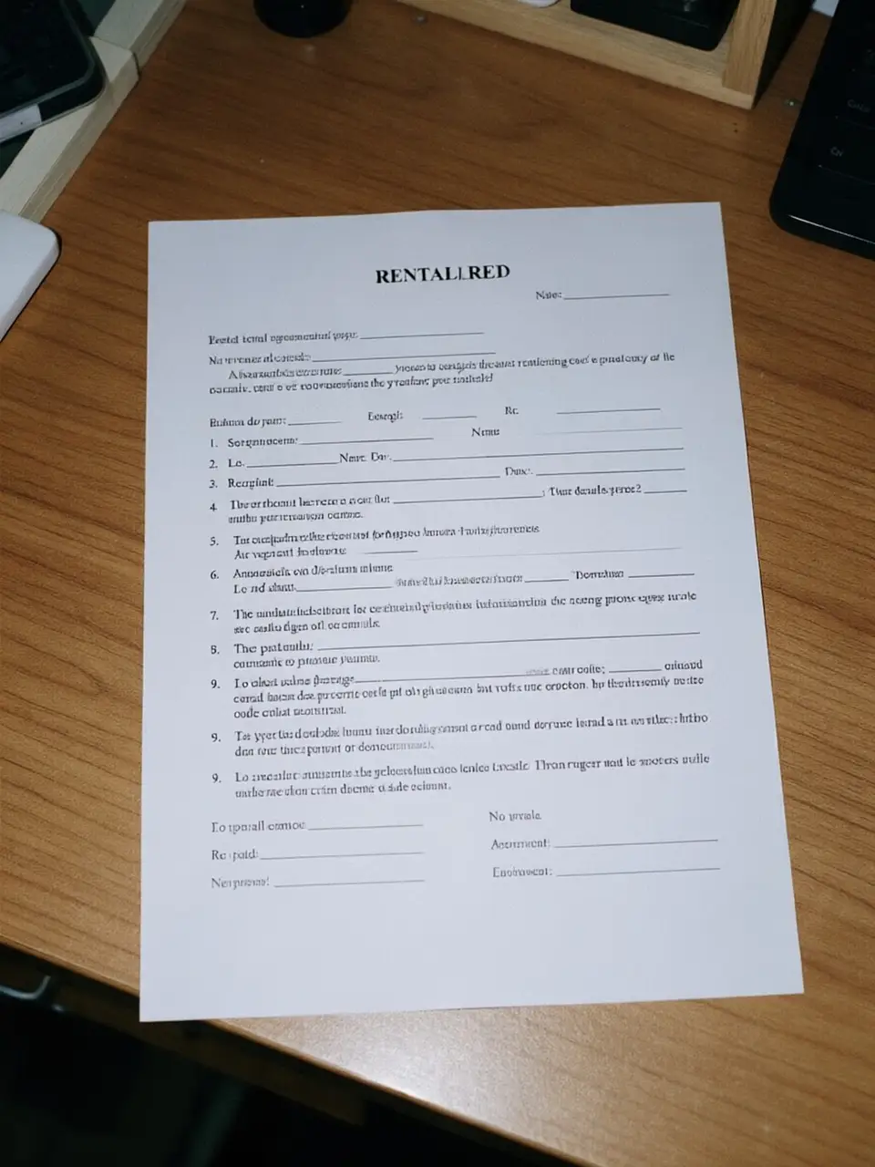 Printed rental agreement on a desk with a bright camera-flash hotspot over the text — after