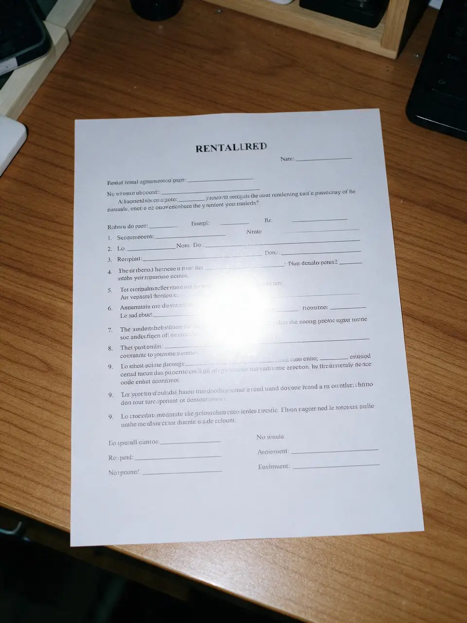 Printed rental agreement on a desk with a bright camera-flash hotspot over the text — before
