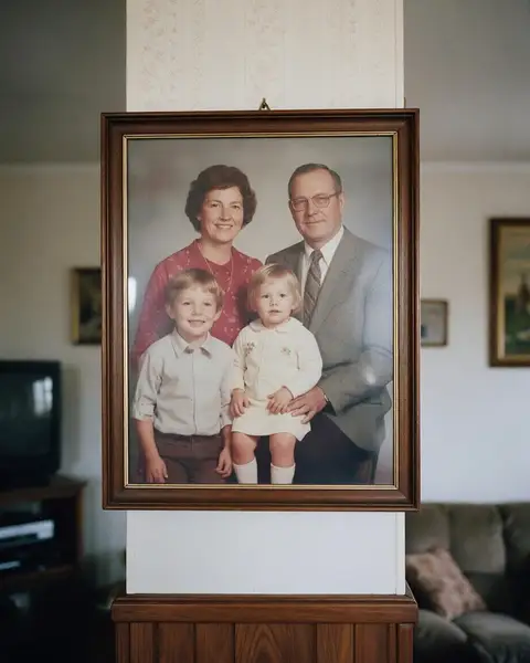 Framed family photo on a wall with window glare across the glass