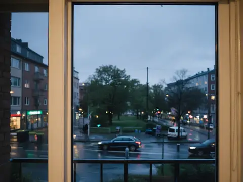 Rainy city street photographed through a window with a lamp and a person reflected in the glass