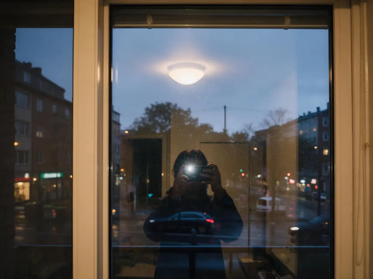 Rainy city street photographed through a window with a lamp and a person reflected in the glass — before