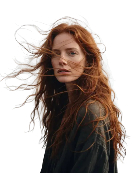 Woman with long windblown auburn hair on a sea cliff