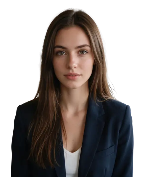 Woman in a navy blazer in a busy office