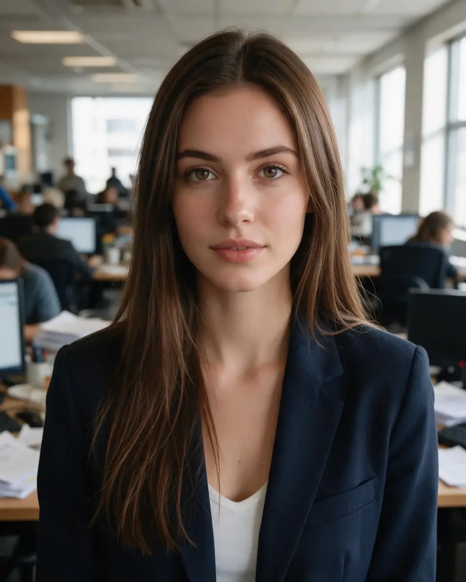 Woman in a navy blazer in a busy office — before