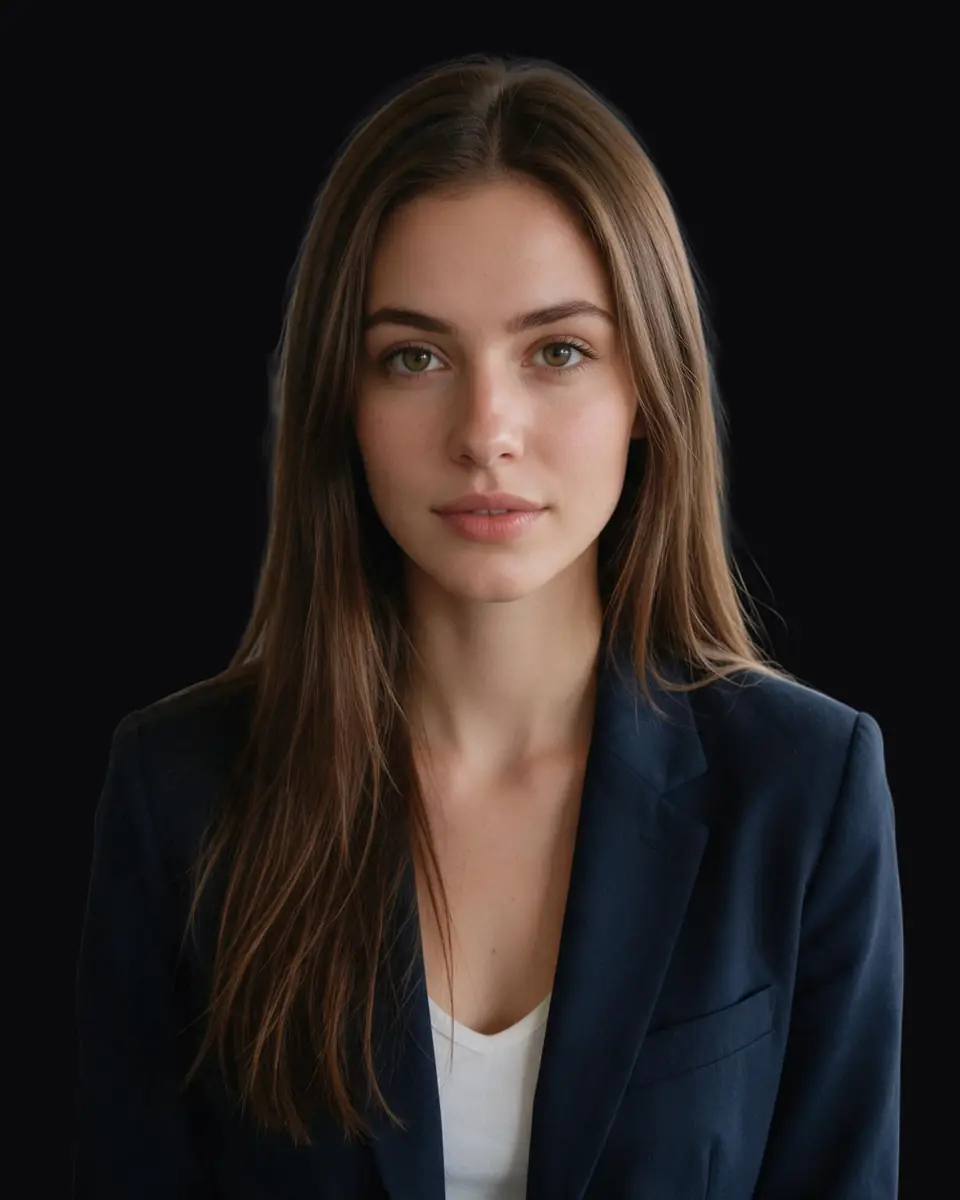 Woman in a navy blazer in a busy office — after