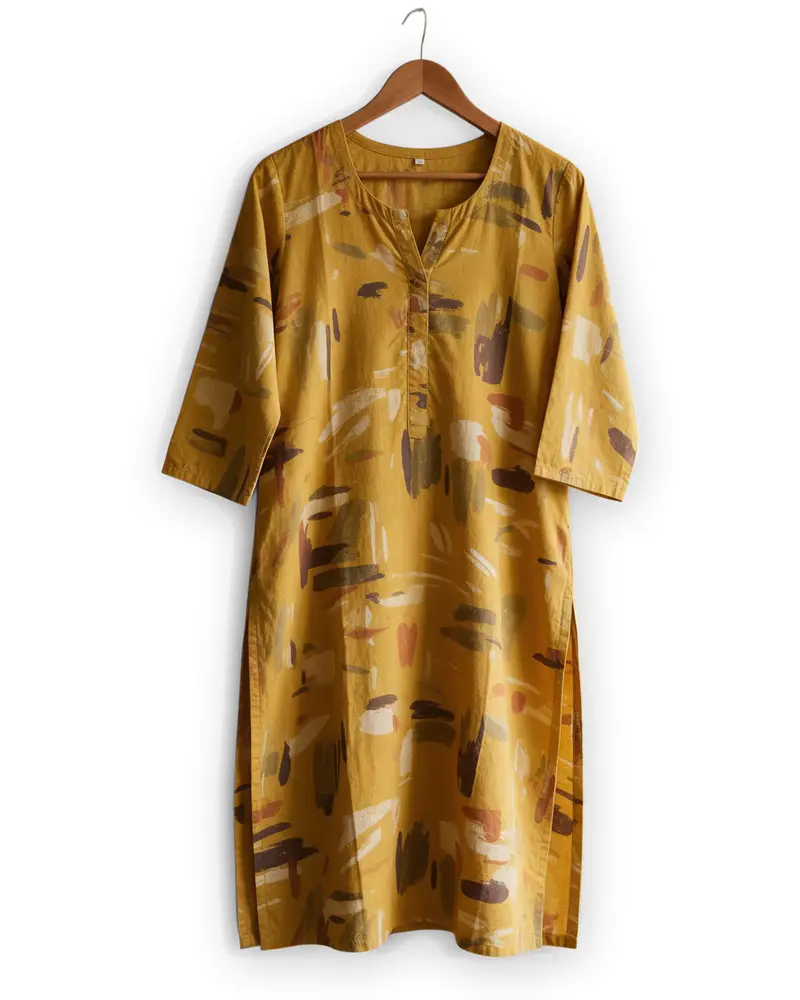 Mustard printed cotton kurti on a hanger on a bedroom door — background removed with Kenerate Cutout HD