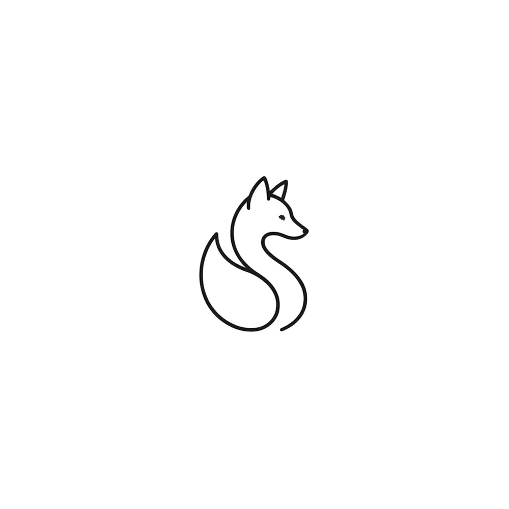 Black line-art fox logo printed on white paper — background removed