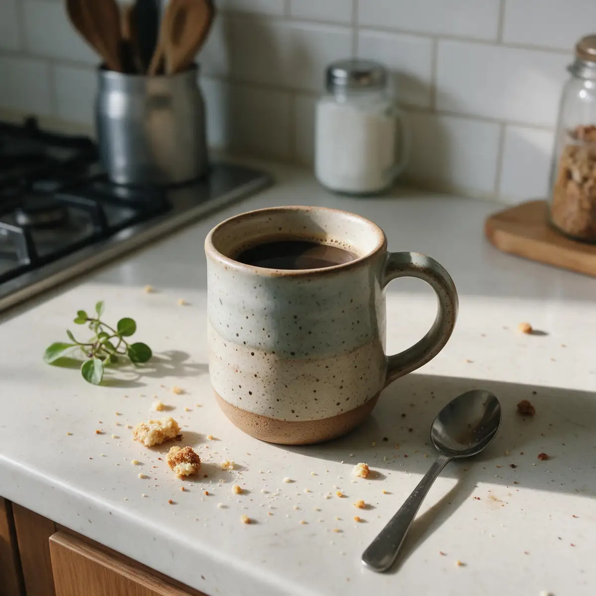 Handmade ceramic mug on a messy kitchen counter — before