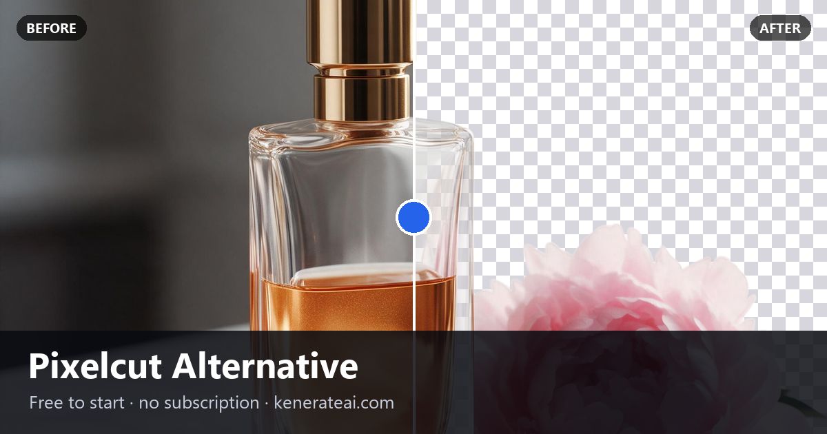 Before and after background removal with free Pixelcut alternative showing a perfume bottle and flower
