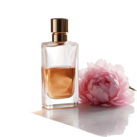 Glass perfume bottle with peonies on a marble table