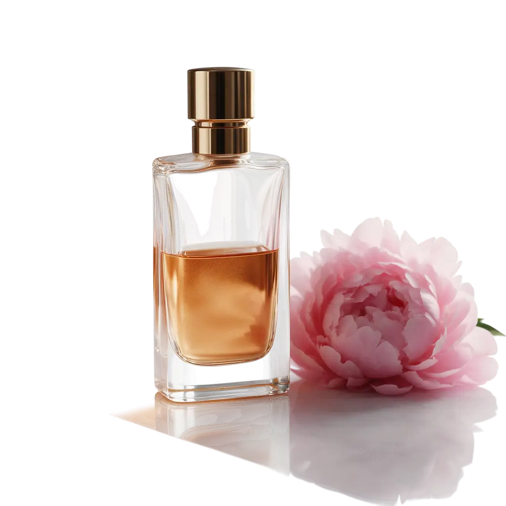 Glass perfume bottle with peonies on a marble table — after