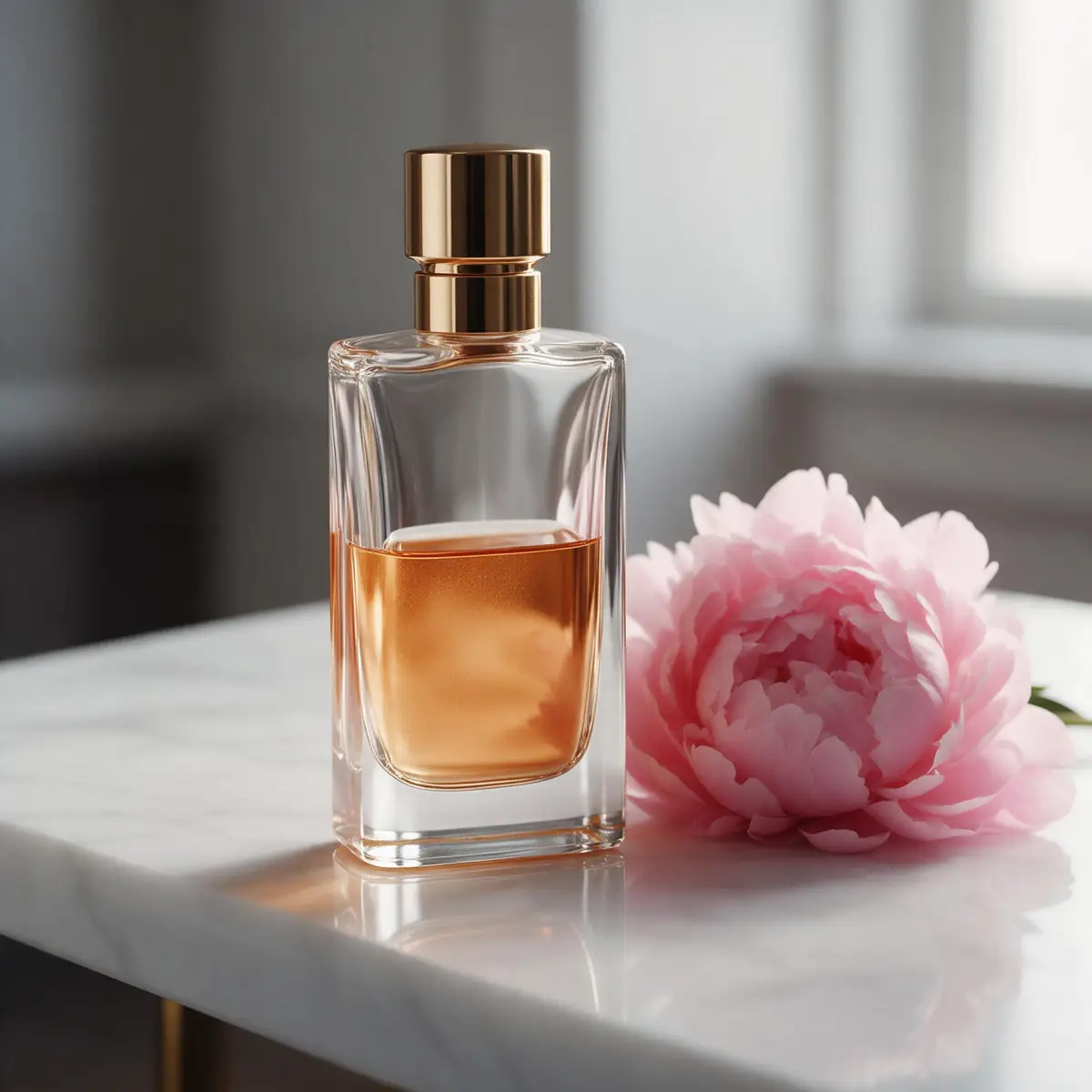 Glass perfume bottle with peonies on a marble table — before