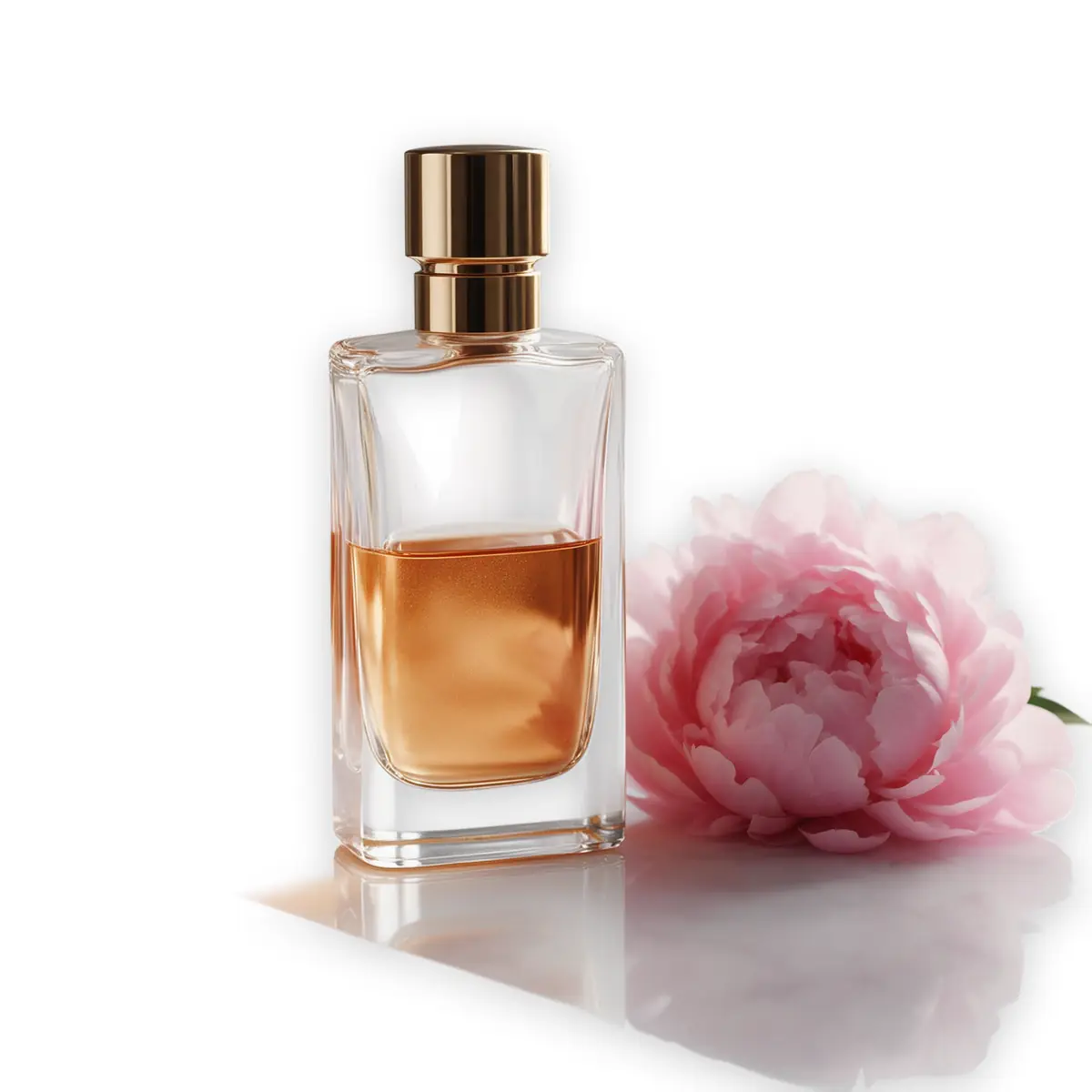 Glass perfume bottle with peonies on a marble table — background removed with Kenerate Cutout HD