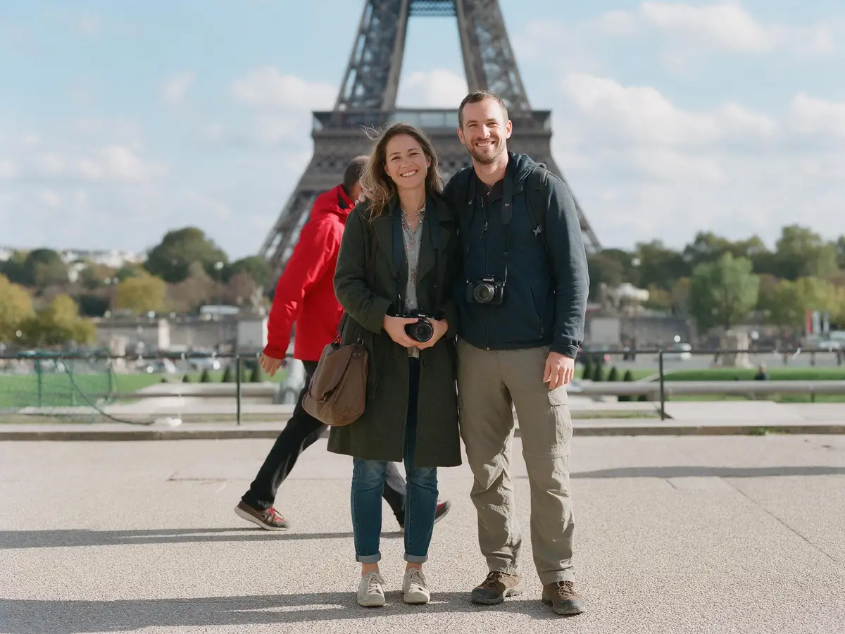 Couple at the Eiffel Tower with a stranger in a red jacket walking behind them — before