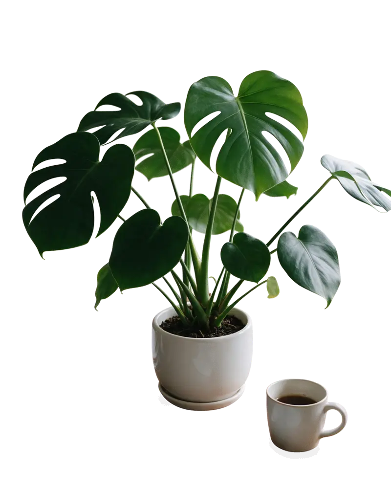 Monstera plant in a white pot on a cluttered desk — after