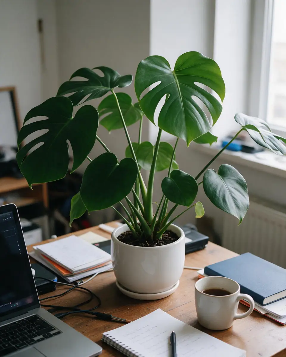 Monstera plant in a white pot on a cluttered desk — before