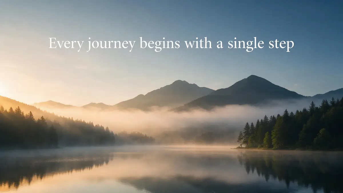 Misty mountain lake with a quote written across the sky — before