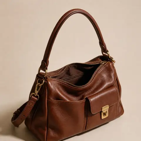 Leather handbag photo with a red sale text overlay