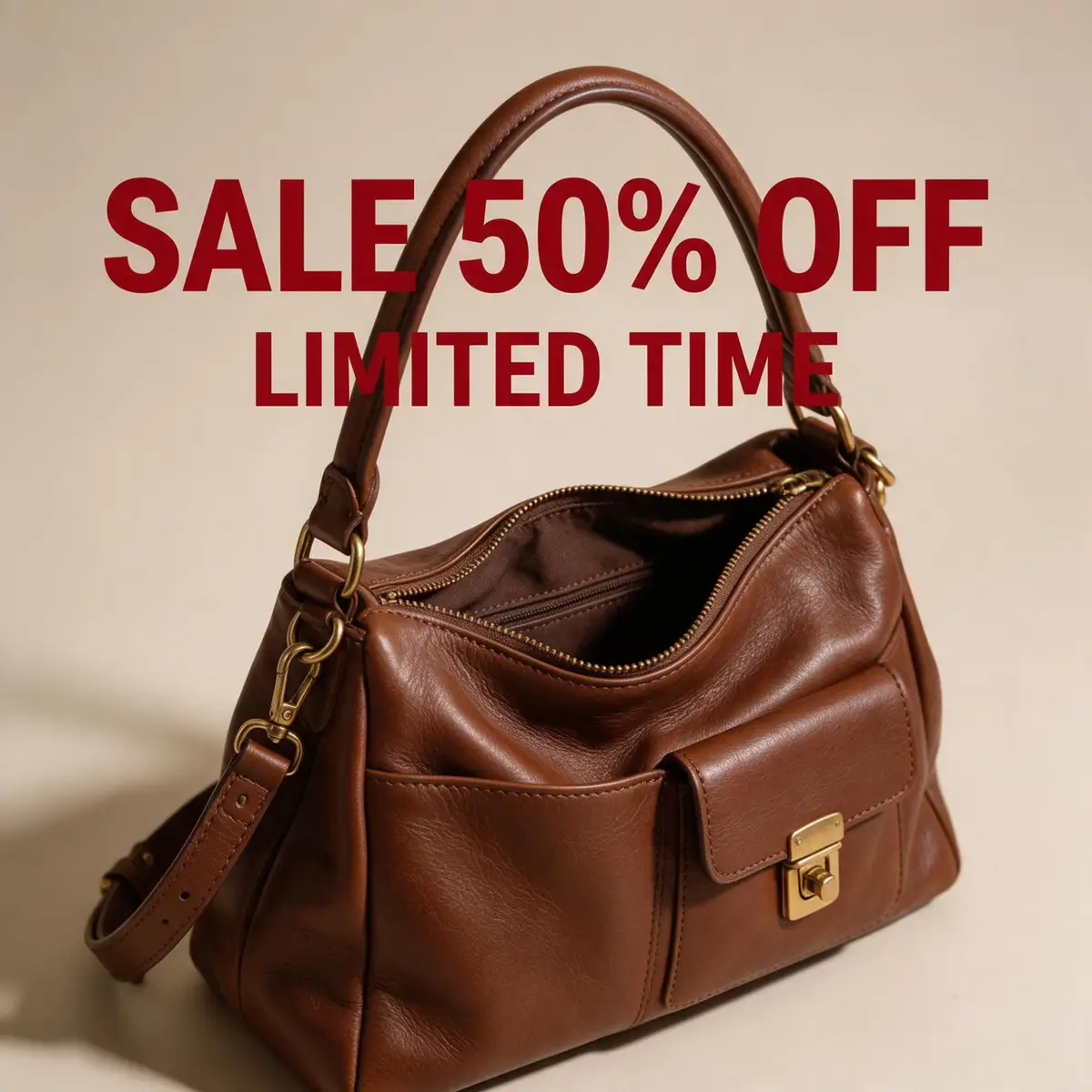 Leather handbag photo with a red sale text overlay — before