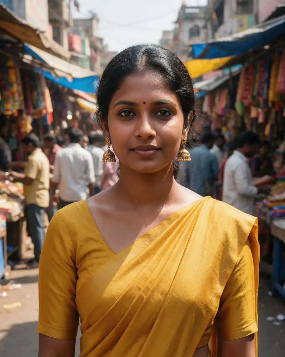 Woman in a mustard saree at an Indian street market — before