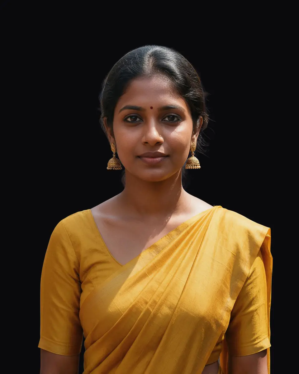 Woman in a mustard saree at an Indian street market — after
