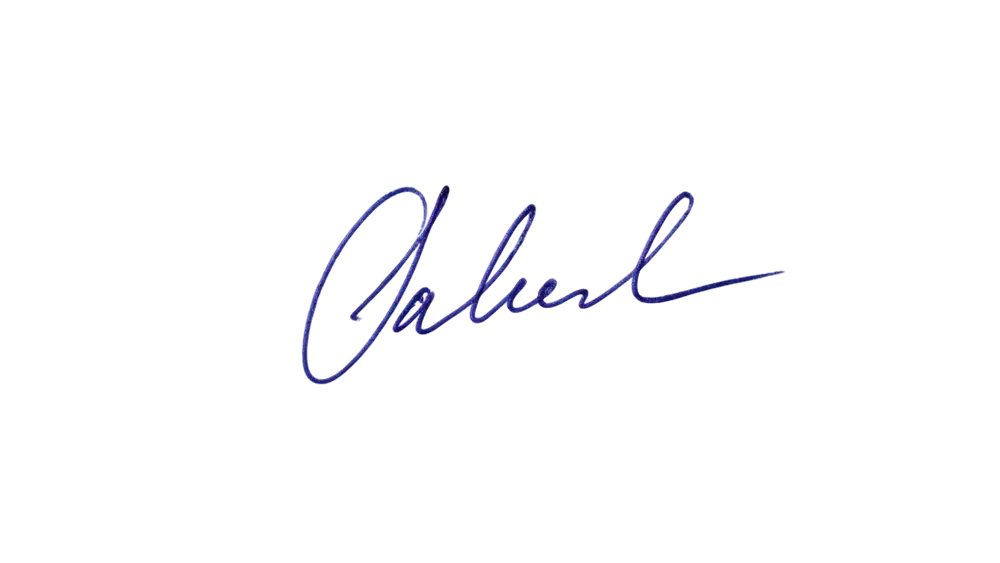 Handwritten blue ink signature on paper — after