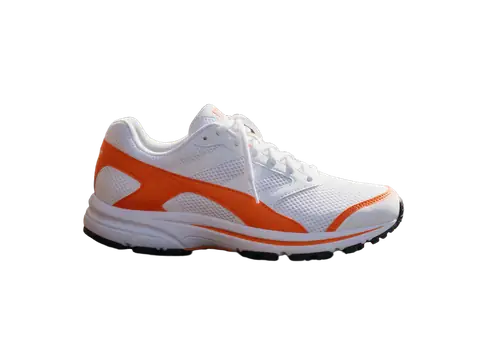 White and orange running sneaker on a wooden bench